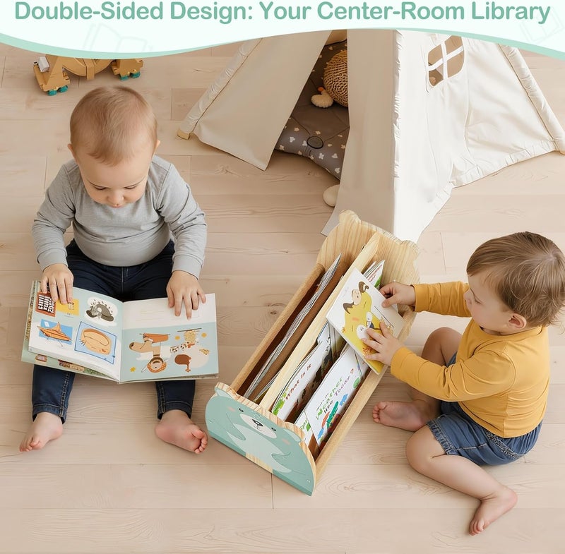 SheSeek Toddler Bookshelf Double-Sided with 4 Tier Deep Sleeves Kids Wooden Montessori Book Rack for Baby Nursery Room, Playroom, Classroom or Bedroom Bookcase Storage Organizer, Green Bear - Image 3